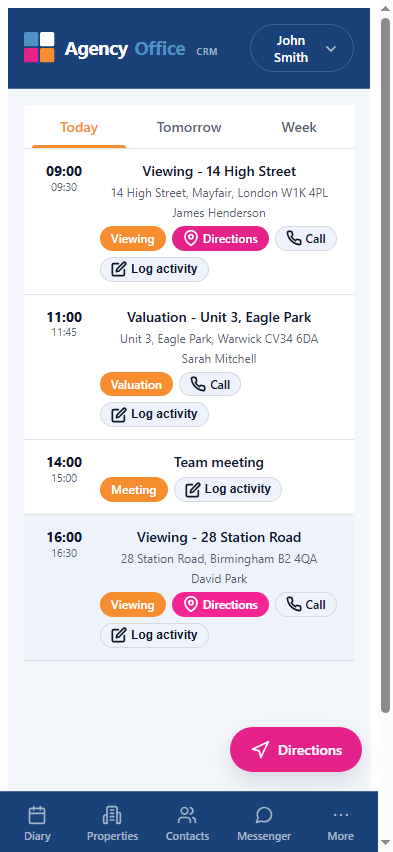 Diary in the AgencyOffice app